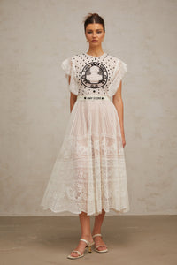 Phoebe white jacquard floral-lace pleated midi dress
