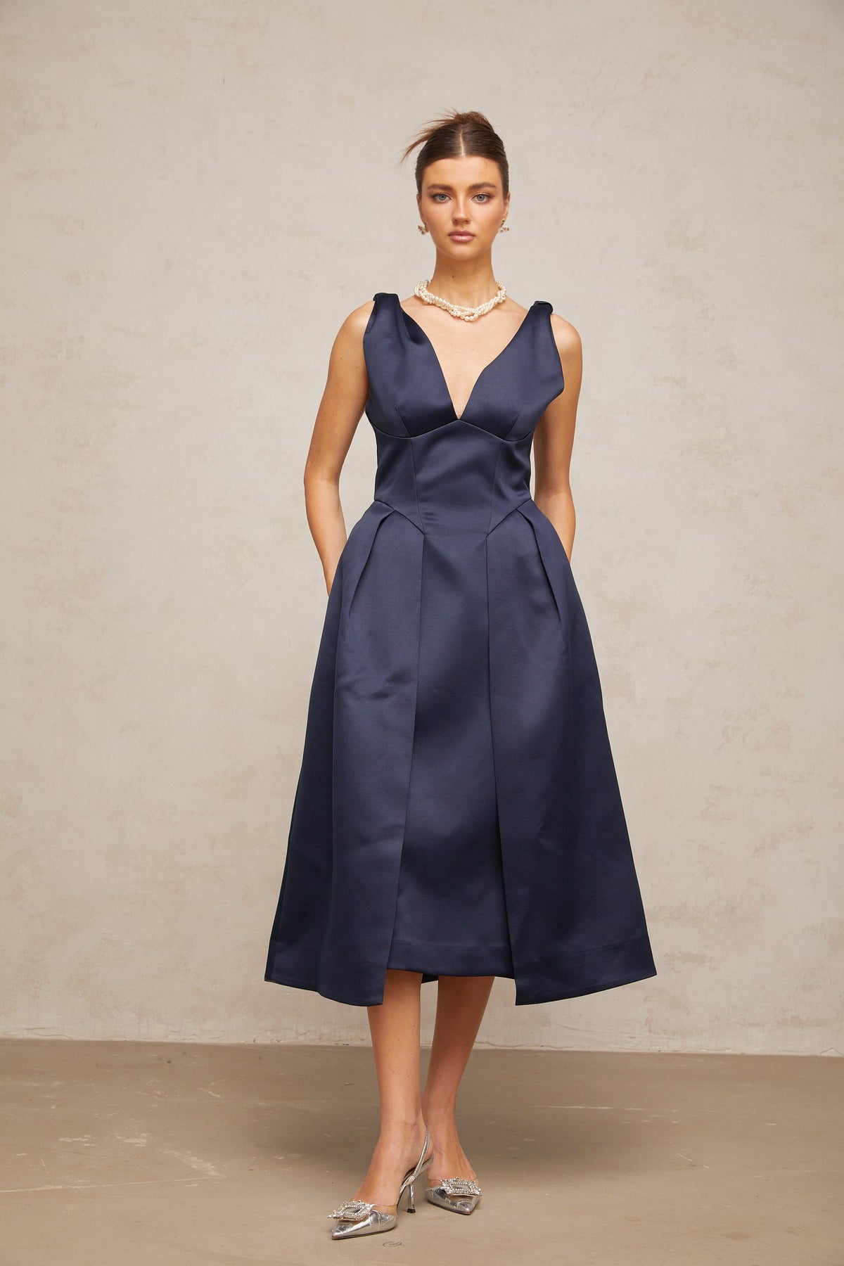 Chantale blue twist-detail satin midi dress