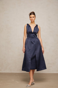 Chantale blue twist-detail satin midi dress