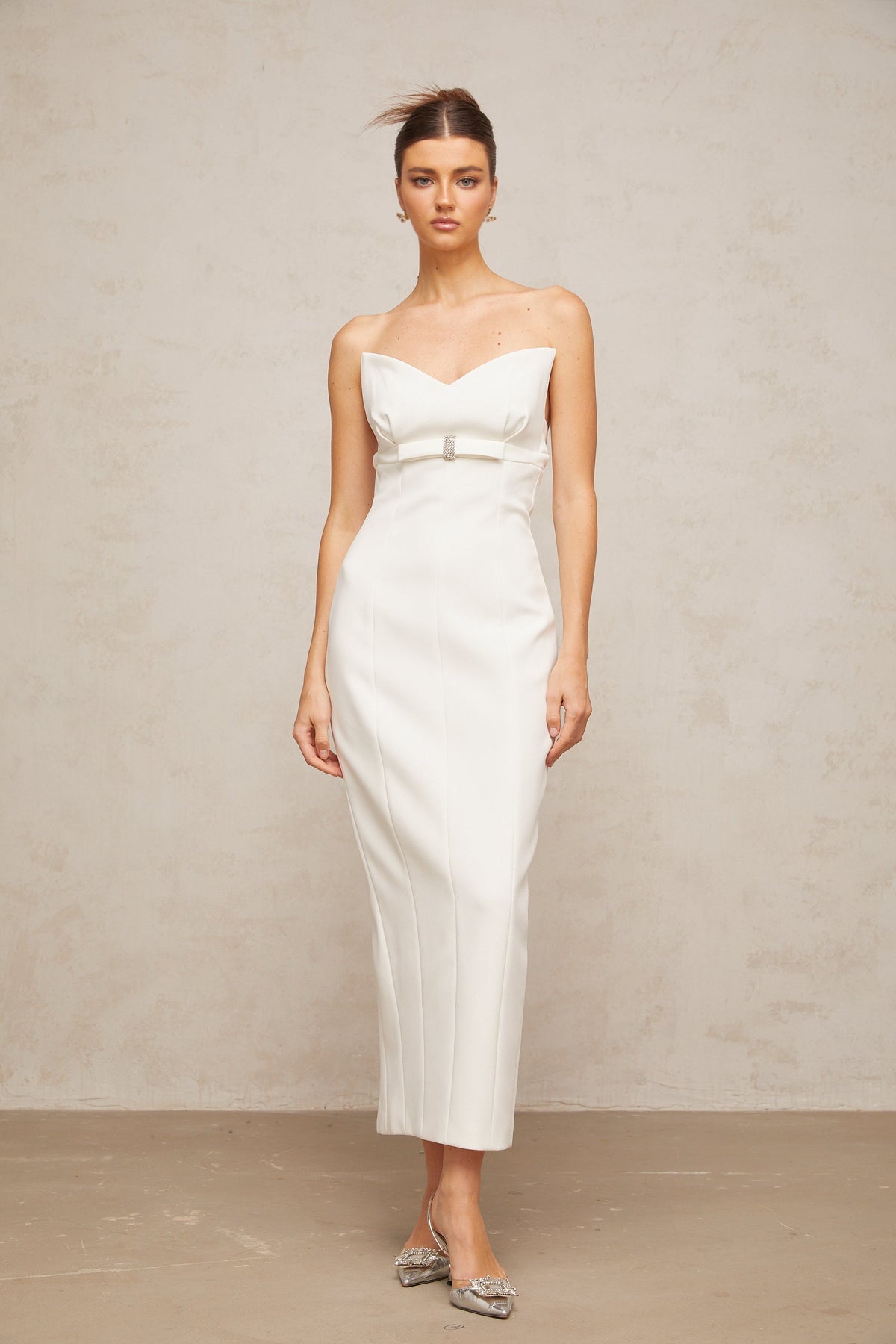 Isaline white corset bow-detail midi dress