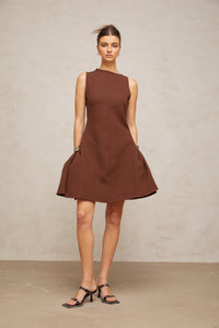 Dora brown asymmetrical-neck puff mini dress