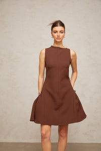 Dora brown asymmetrical-neck puff mini dress