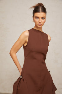 Dora brown asymmetrical-neck puff mini dress