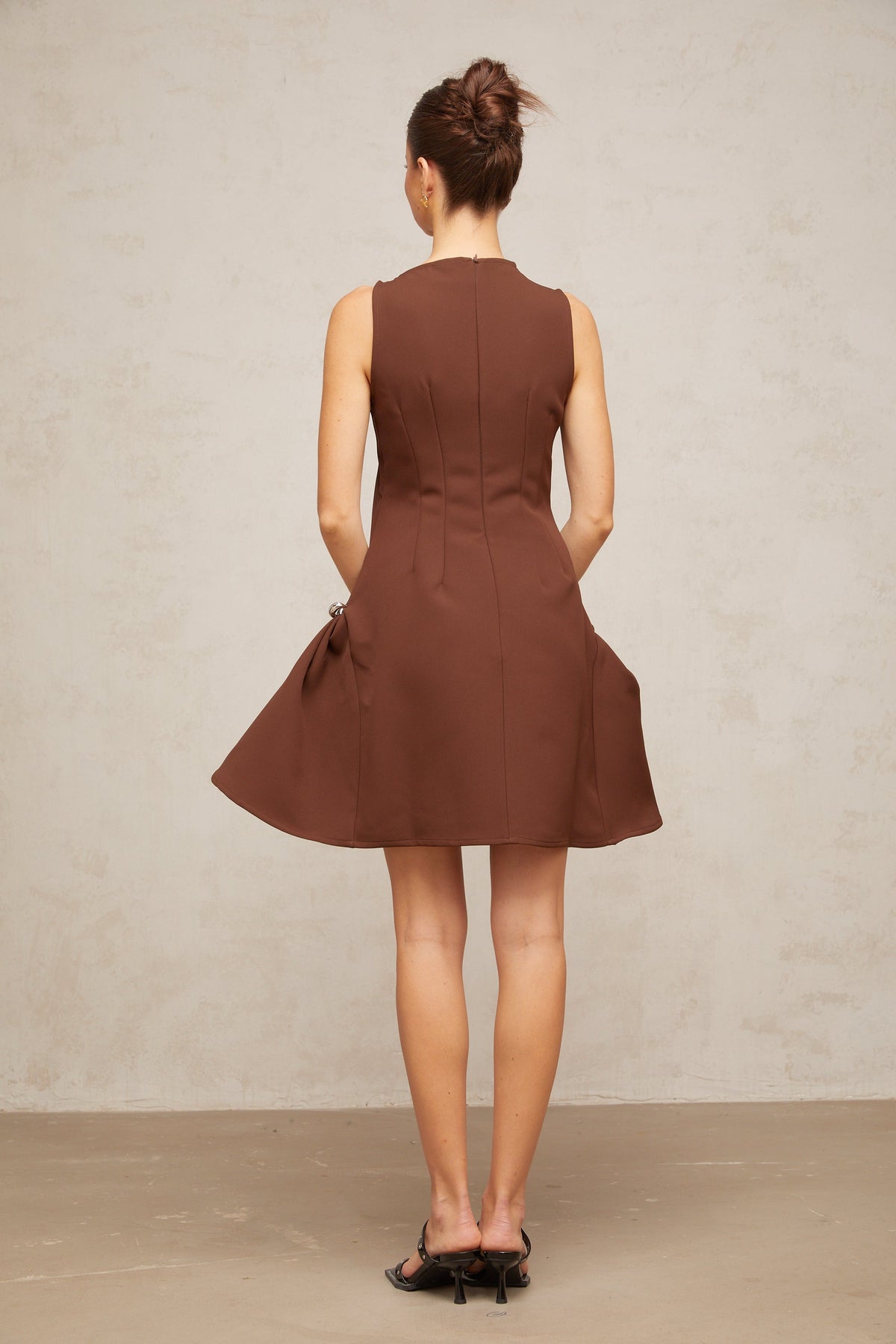 Dora brown asymmetrical-neck puff mini dress
