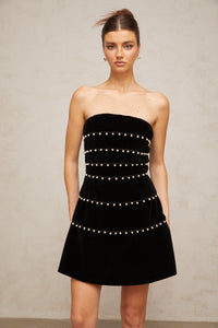 Camille black faux-pearl velvet mini dress