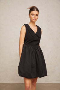 Sandrine black lapel puff mini dress