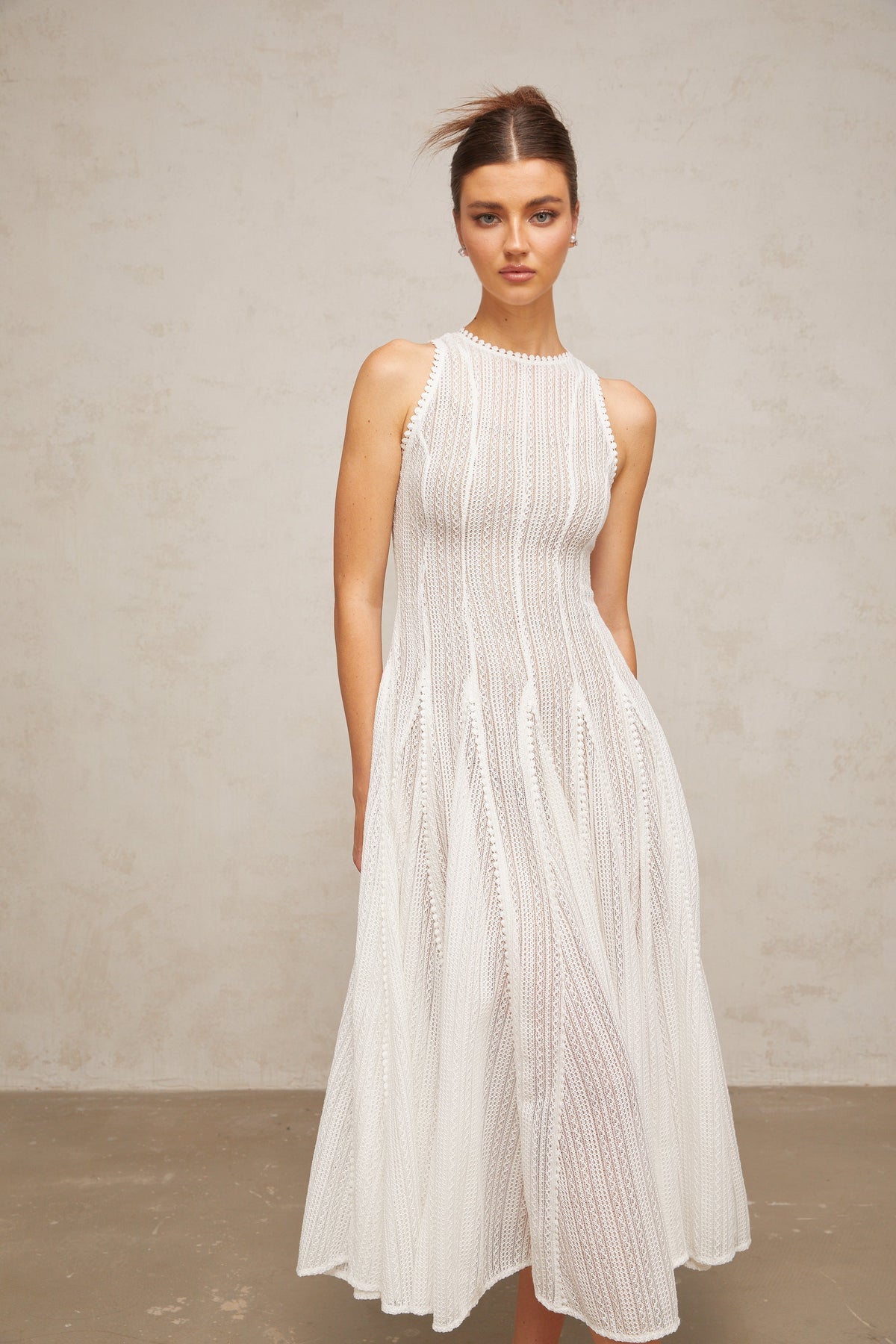 Hélène white pointelle puff midi dress