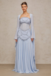 Gaëlle Faux-pearl-embellished Pleated Maxi Dress in Light-blue