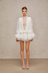 Isoline white semi-sheer lace top & shorts & dress matching set