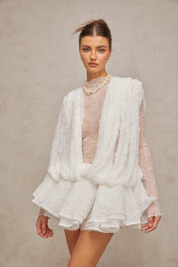 Isoline white semi-sheer lace top & shorts & dress matching set