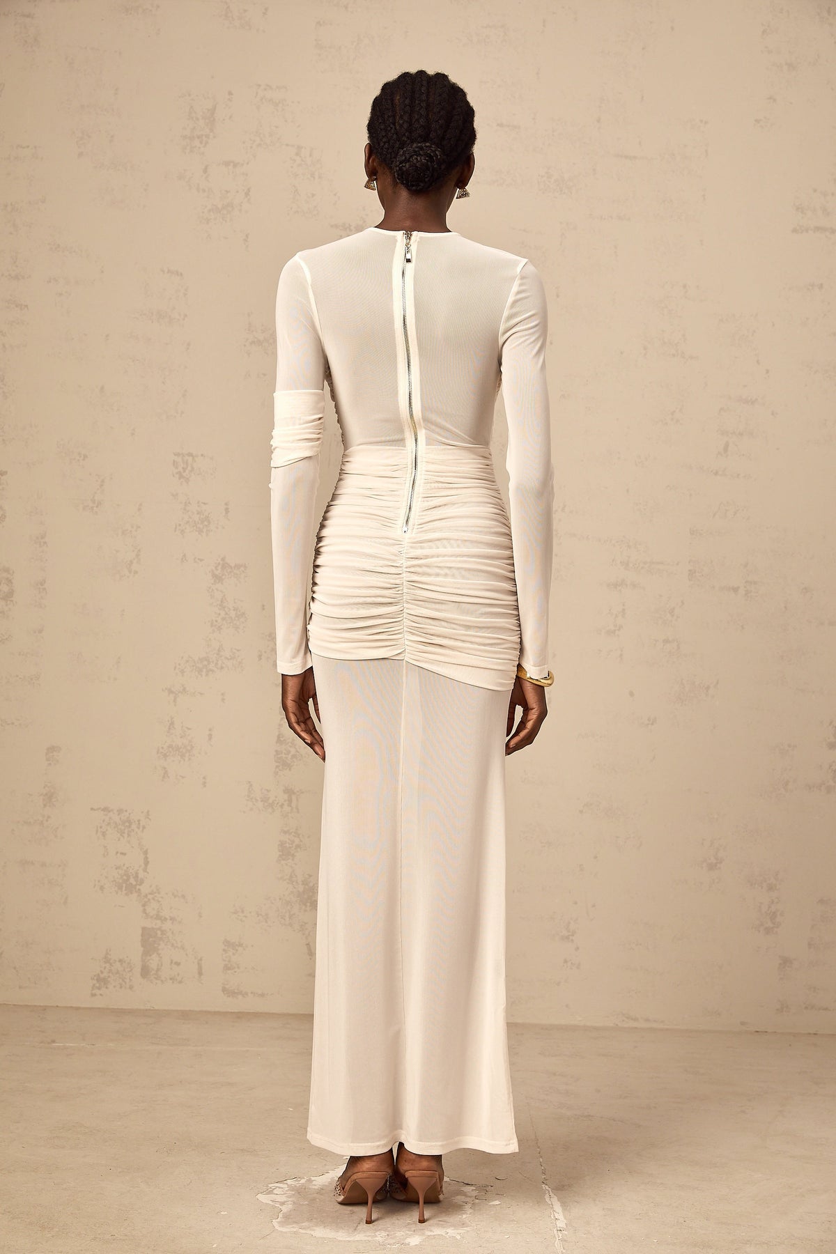 Véronique white ruched tulle maxi dress