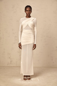 Véronique white ruched tulle maxi dress