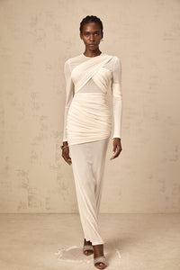 Véronique white ruched tulle maxi dress
