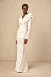 Wanda white ruched fitted maxi dress