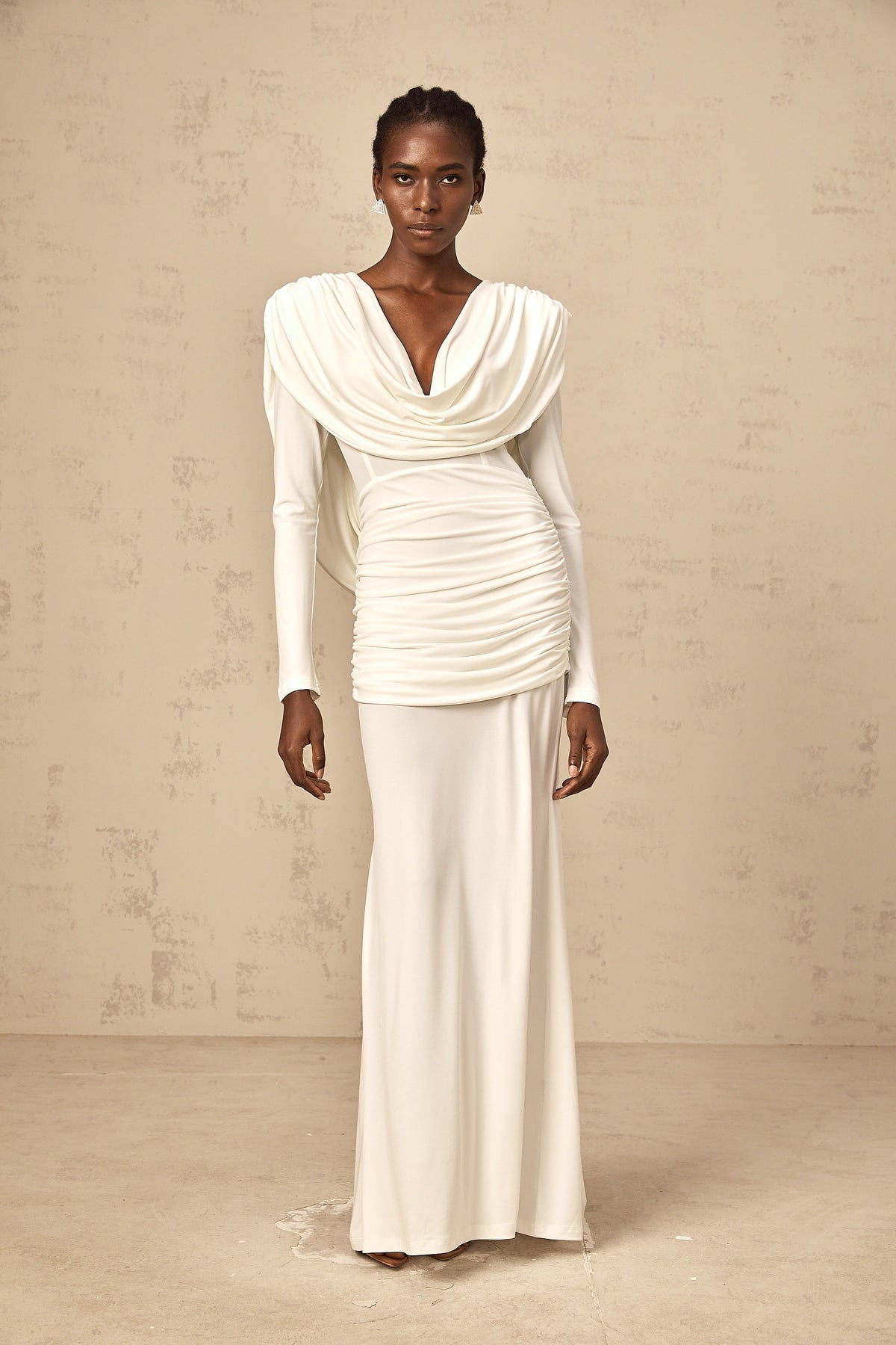 Wanda white ruched fitted maxi dress
