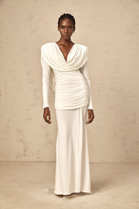 Wanda white ruched fitted maxi dress