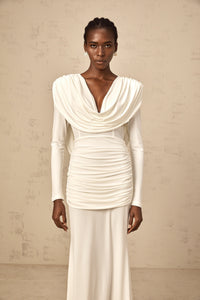 Wanda white ruched fitted maxi dress