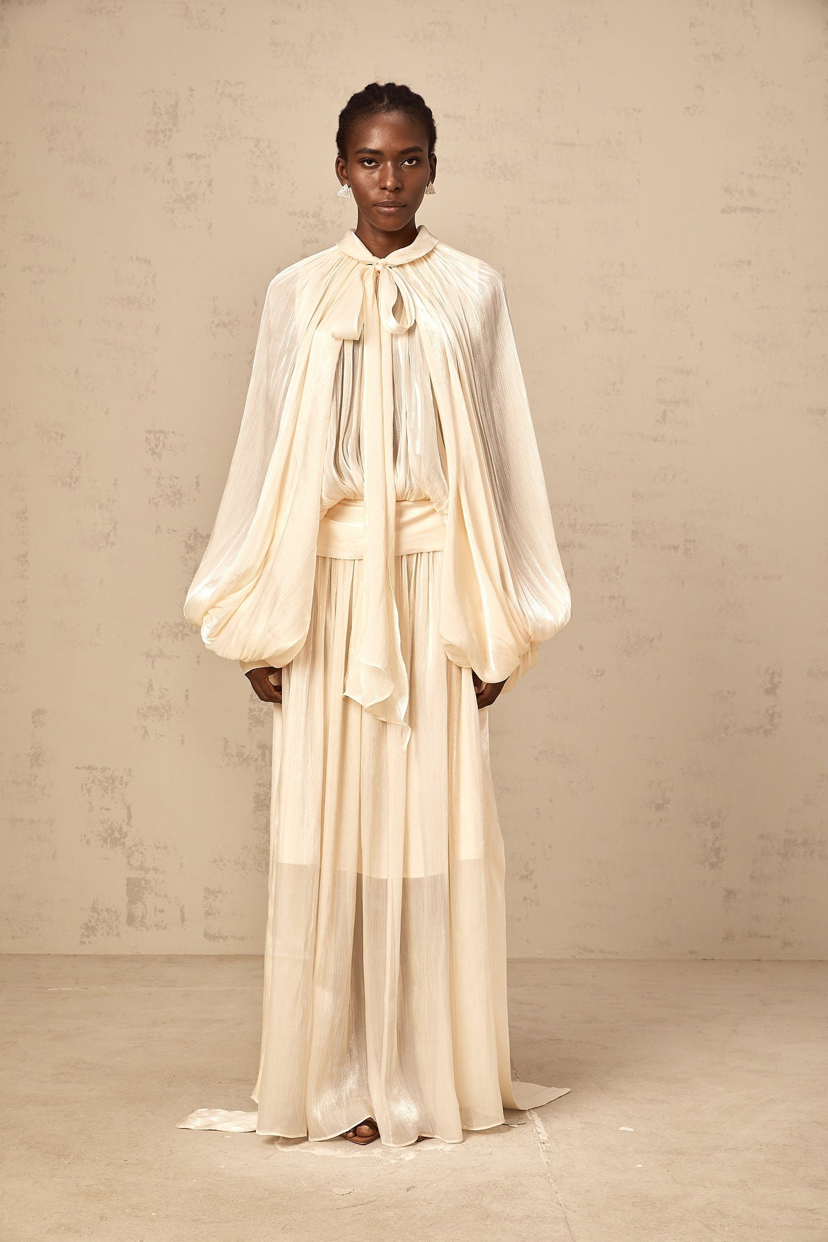 Mila pleated satin maxi dress in Neutrals