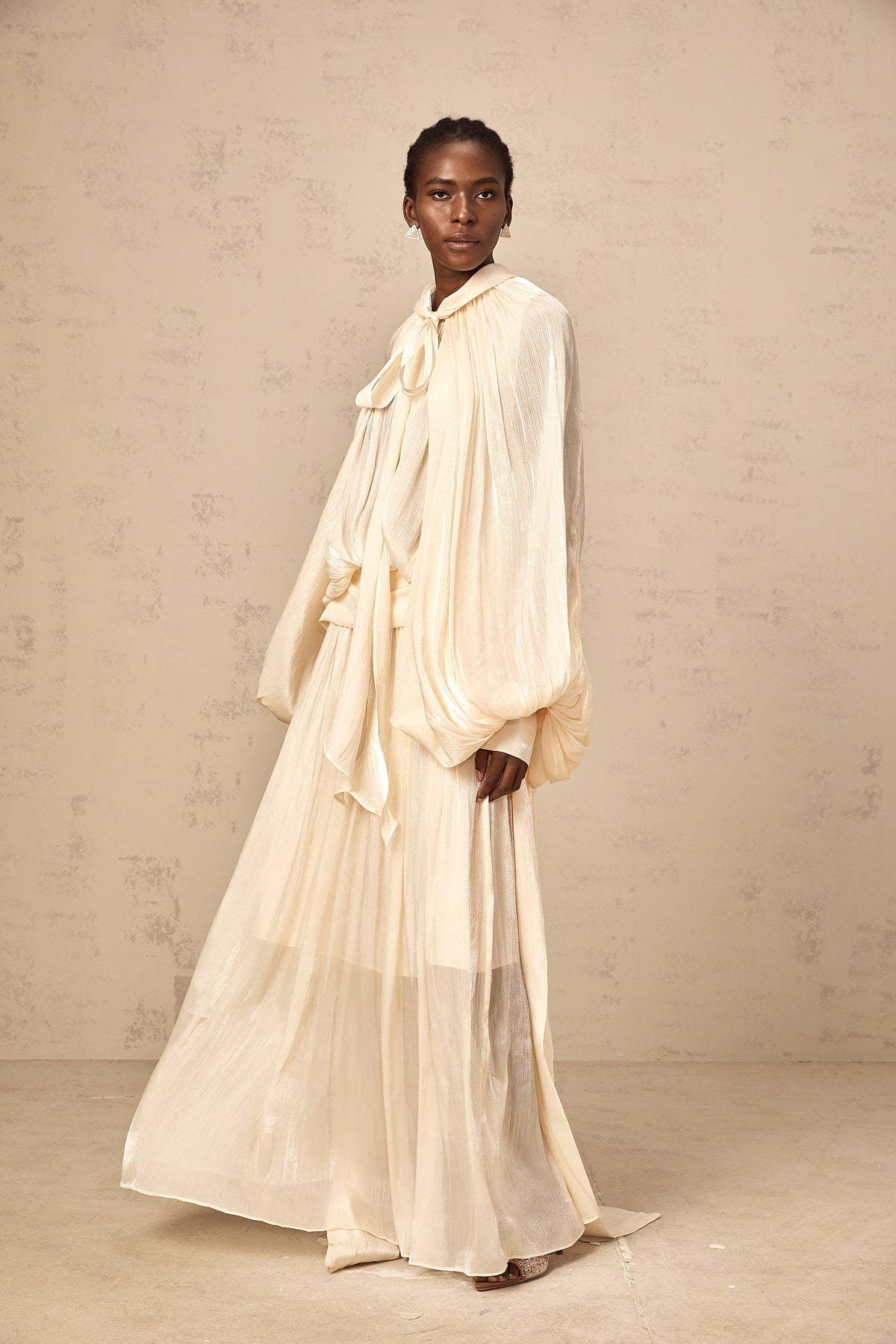 Mila pleated satin maxi dress in Neutrals