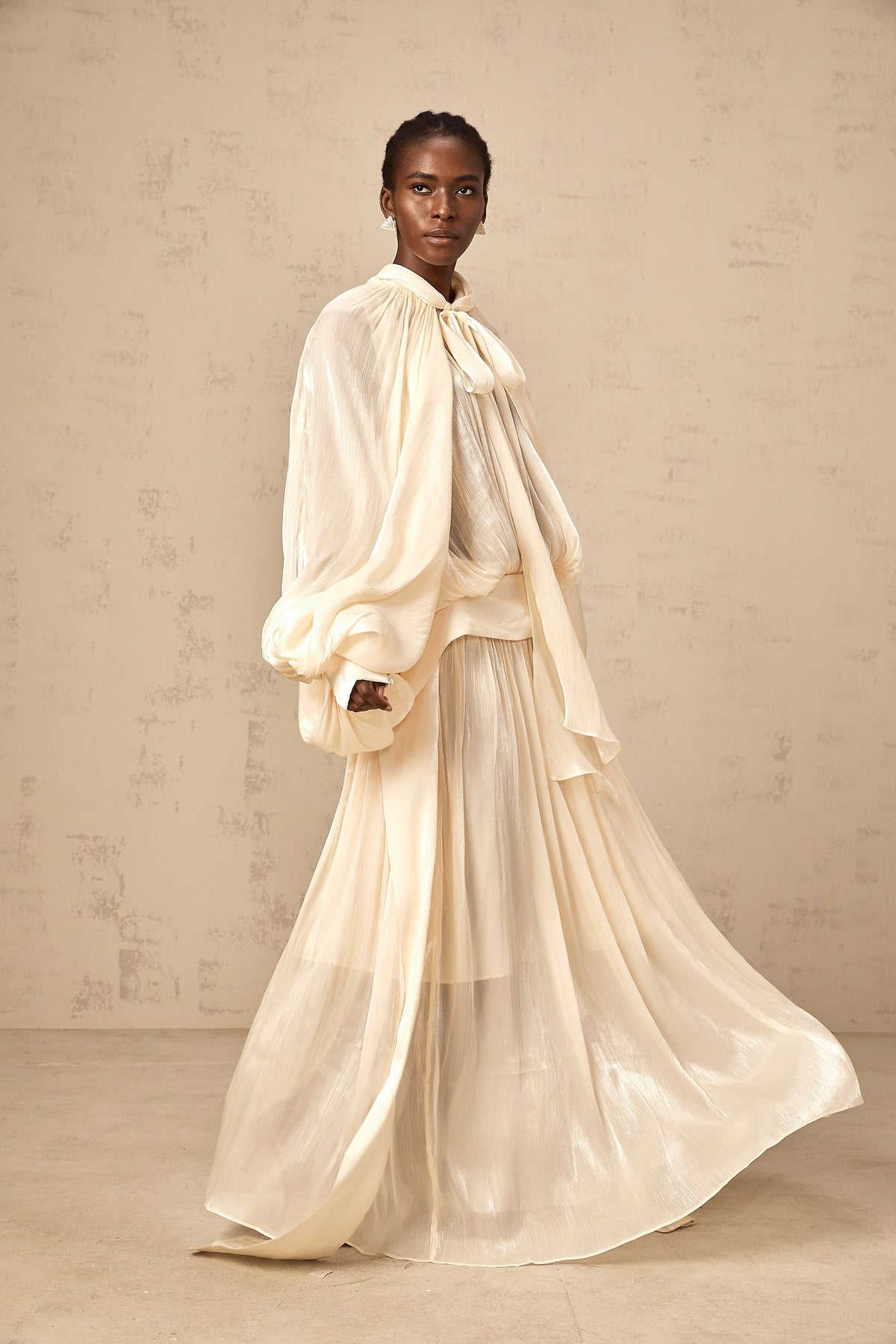 Mila pleated satin maxi dress in Neutrals