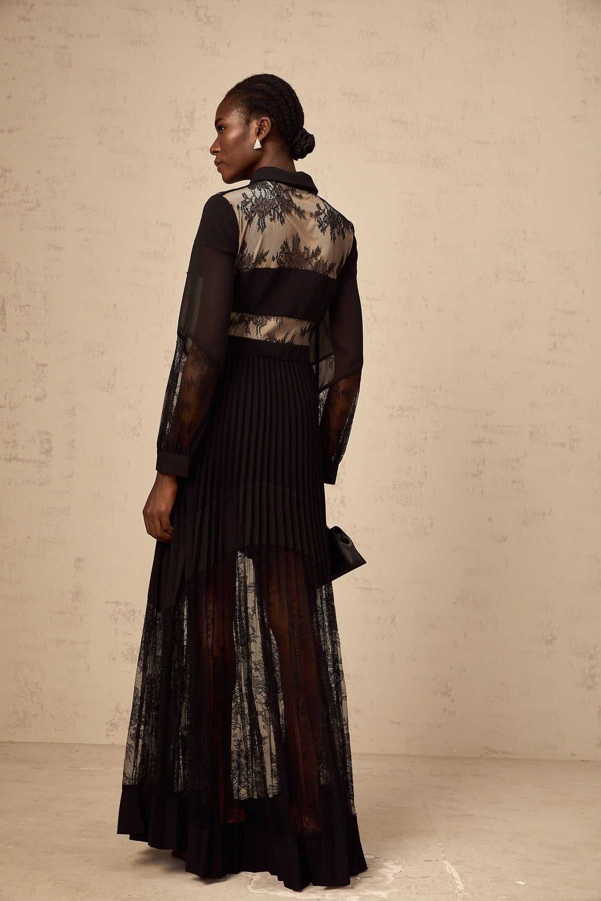 Ségolène black floral-lace-panel pleated maxi dress
