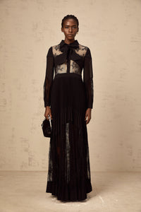 Ségolène black floral-lace-panel pleated maxi dress