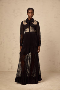 Ségolène black floral-lace-panel pleated maxi dress