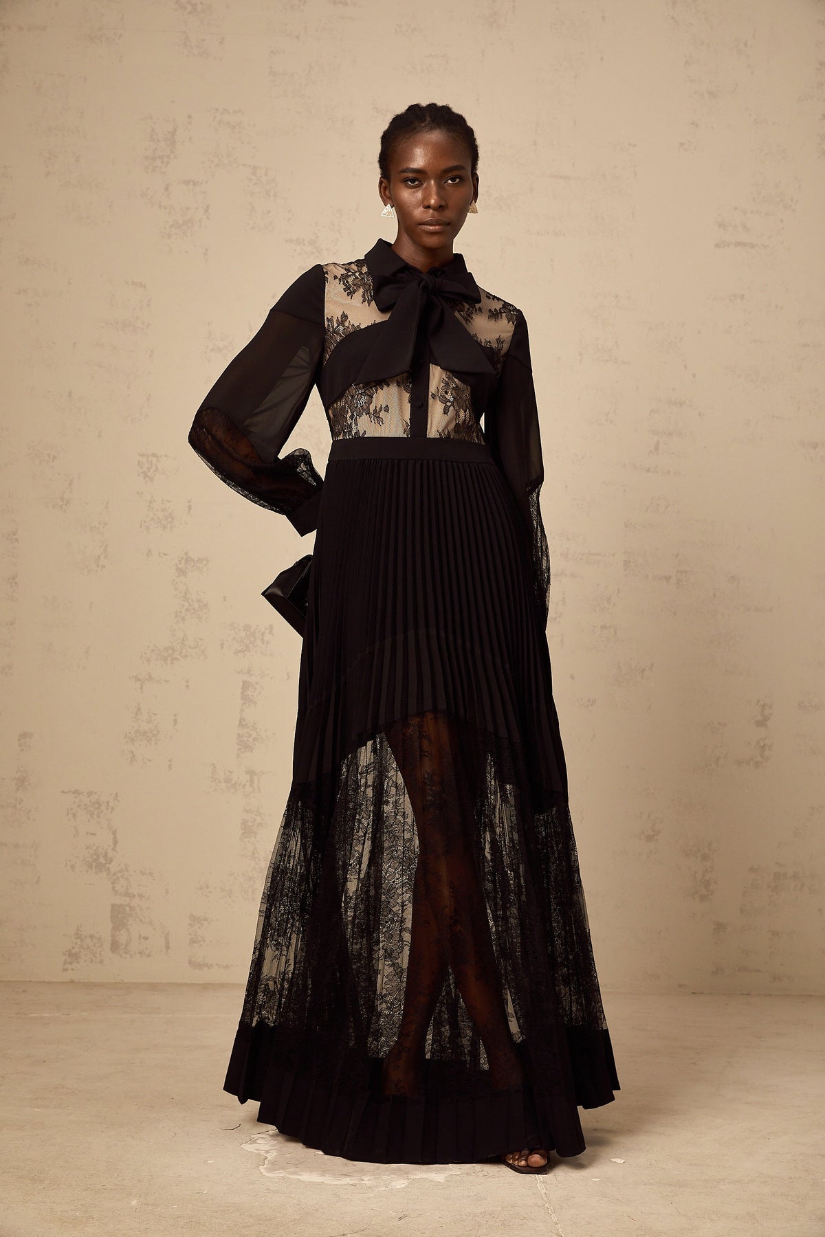 Ségolène black floral-lace-panel pleated maxi dress