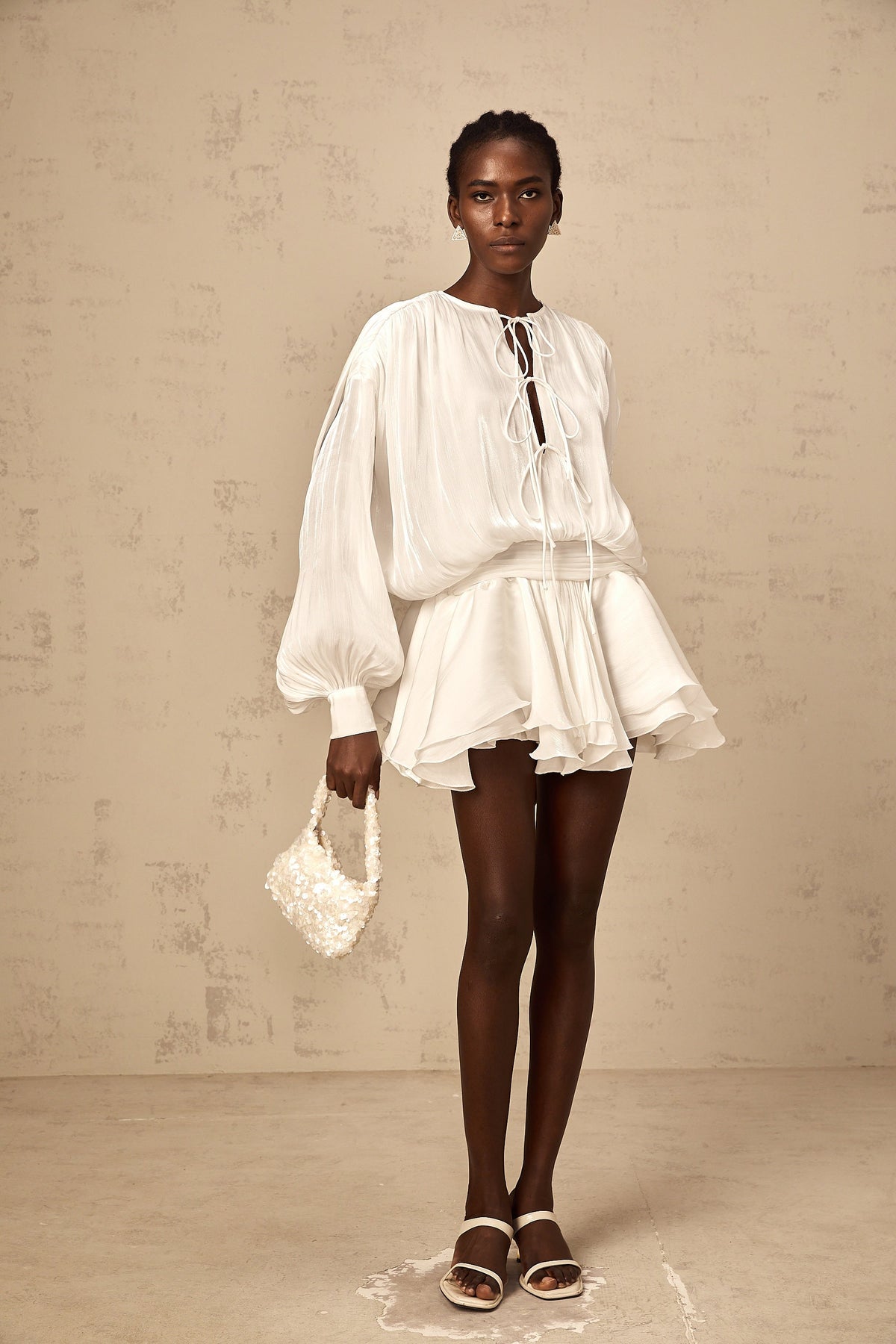 Mahault white pleated glitter-effect mini dress