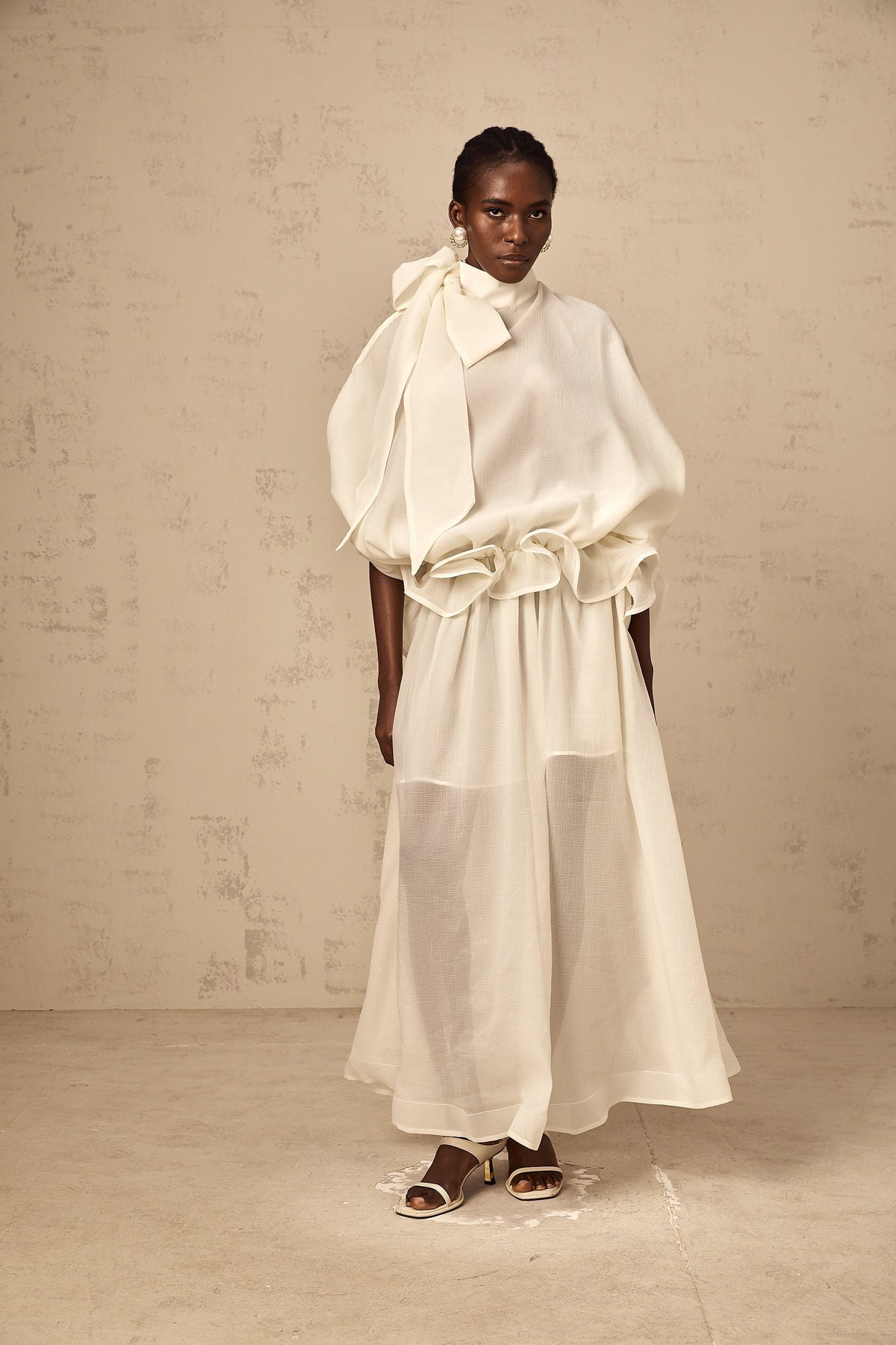 Honorine white tie-neck ruffled maxi dress