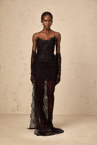 Sylvie black beaded asymmetrical lace maxi dress