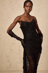 Sylvie black beaded asymmetrical lace maxi dress