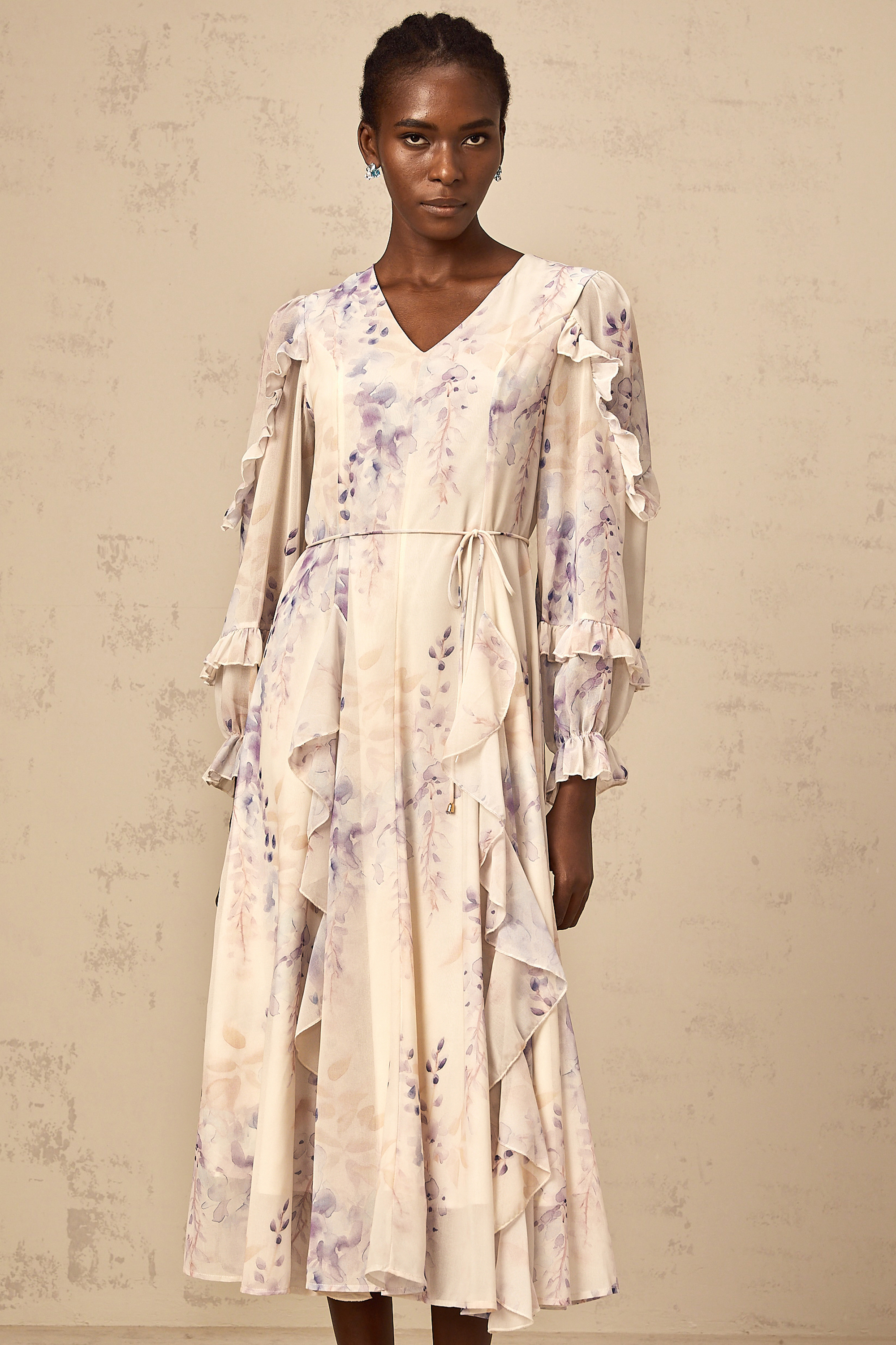 Vivien neutrals wistaria-print flared midi dress