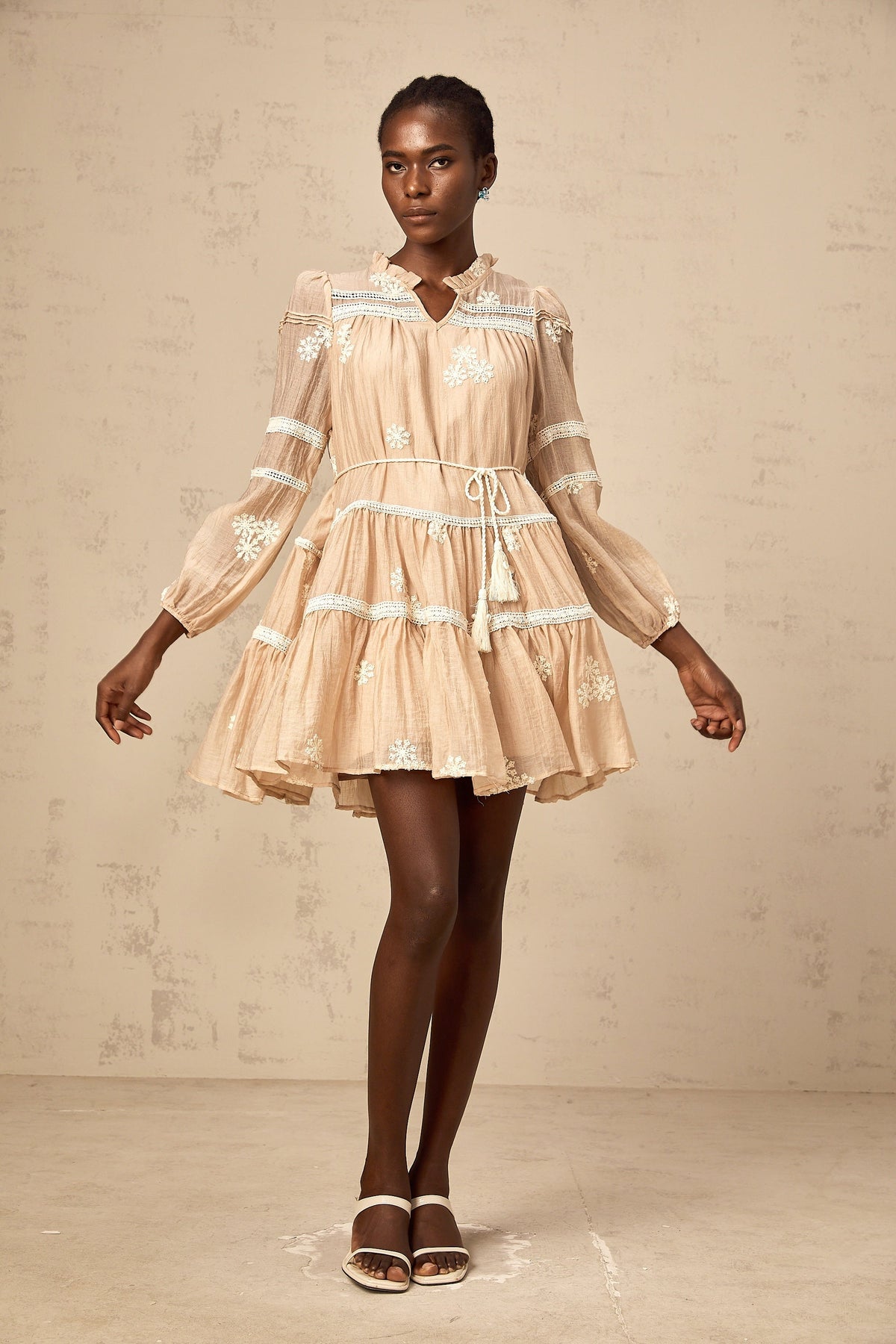 Margaux neutrals flower-embroidered tiered mini dress