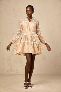 Margaux neutrals flower-embroidered tiered mini dress