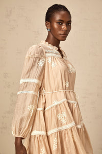 Margaux neutrals flower-embroidered tiered mini dress