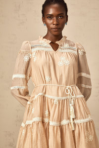 Margaux neutrals flower-embroidered tiered mini dress