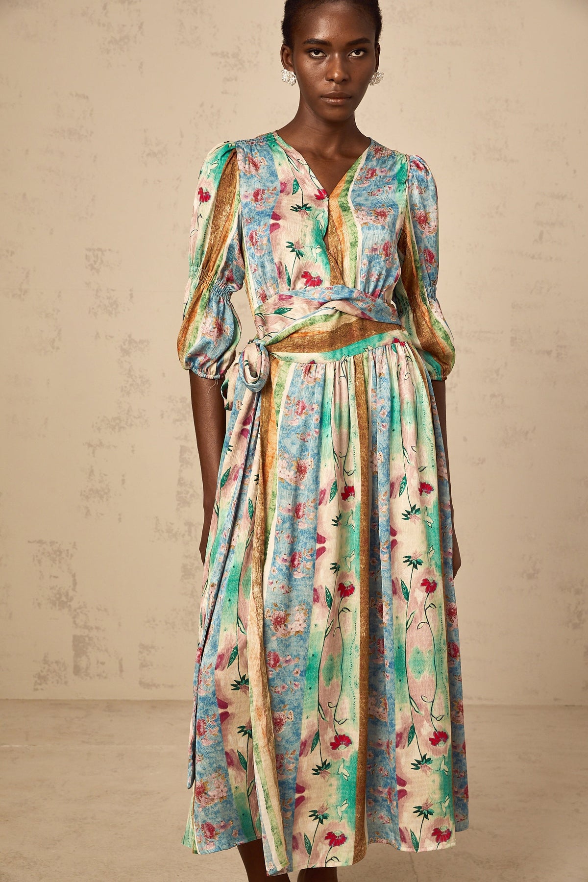 Cerise floral-print wrap midi dress