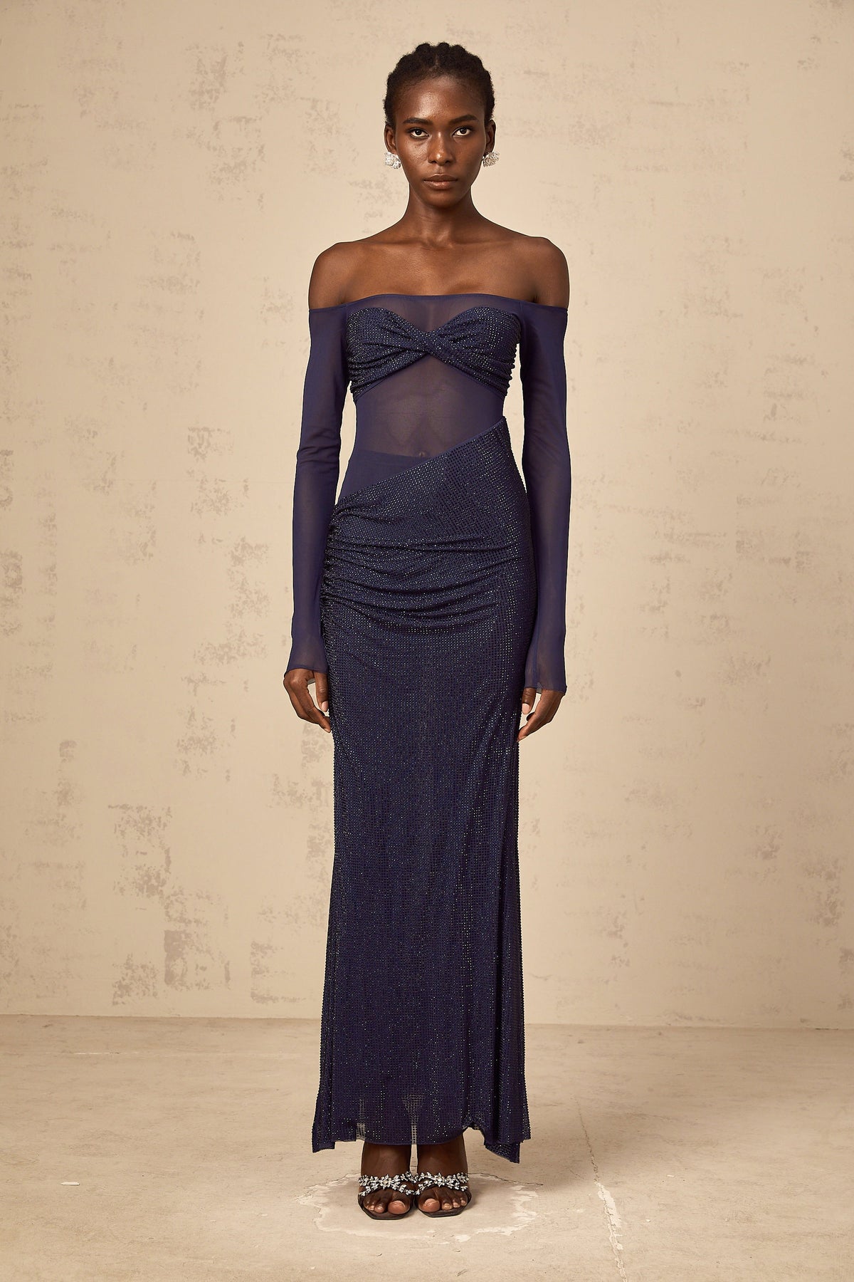 Hermine dark-blue embellished tulle-panel corset maxi dress