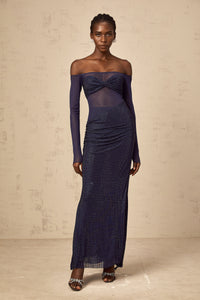 Hermine dark-blue embellished tulle-panel corset maxi dress