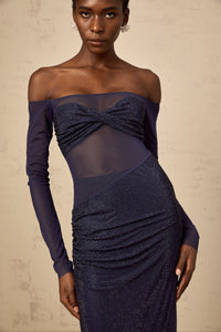 Hermine dark-blue embellished tulle-panel corset maxi dress