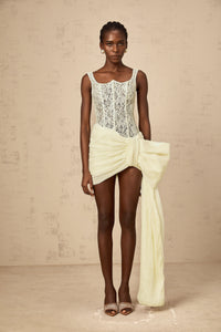 Gabrielle neutrals bowknot floral-lace-penal mini dress