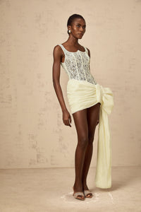 Gabrielle neutrals bowknot floral-lace-penal mini dress