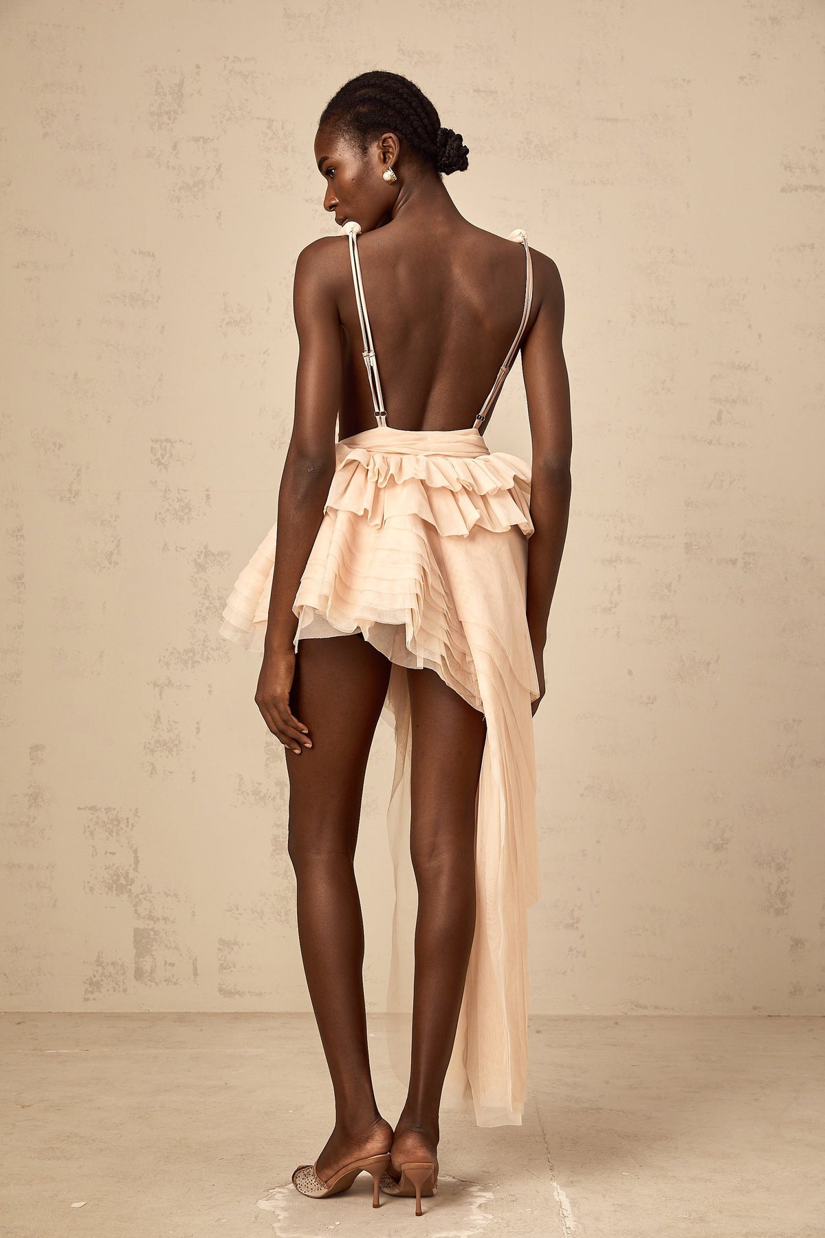 Isoline ribbon-design asymmetrical mini dress in Neutrals