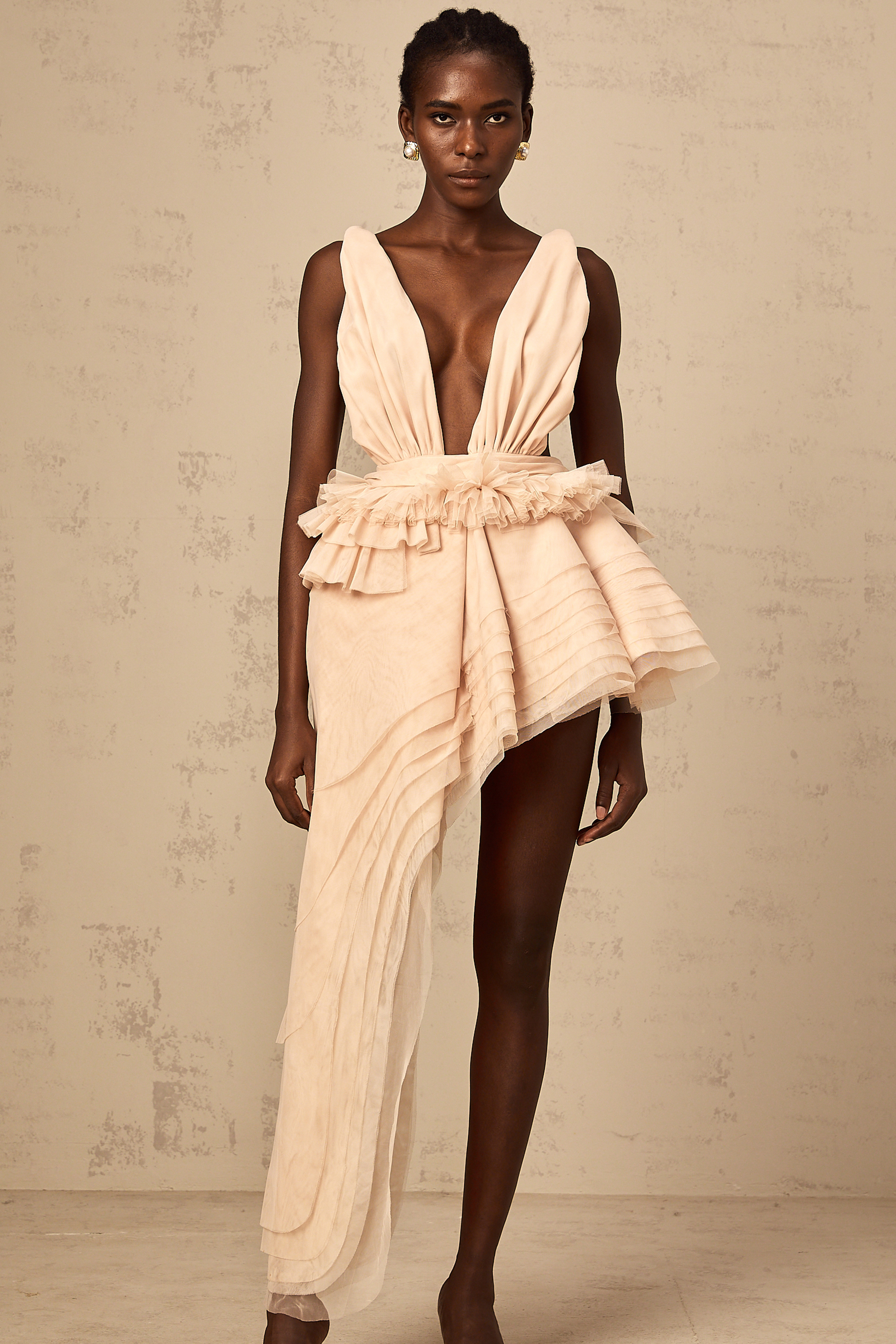 Isoline ribbon-design asymmetrical mini dress in Neutrals