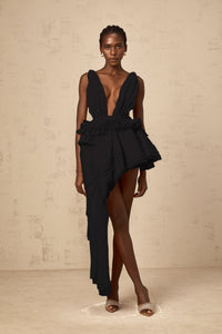 Isoline ribbon-design asymmetrical mini dress in Black