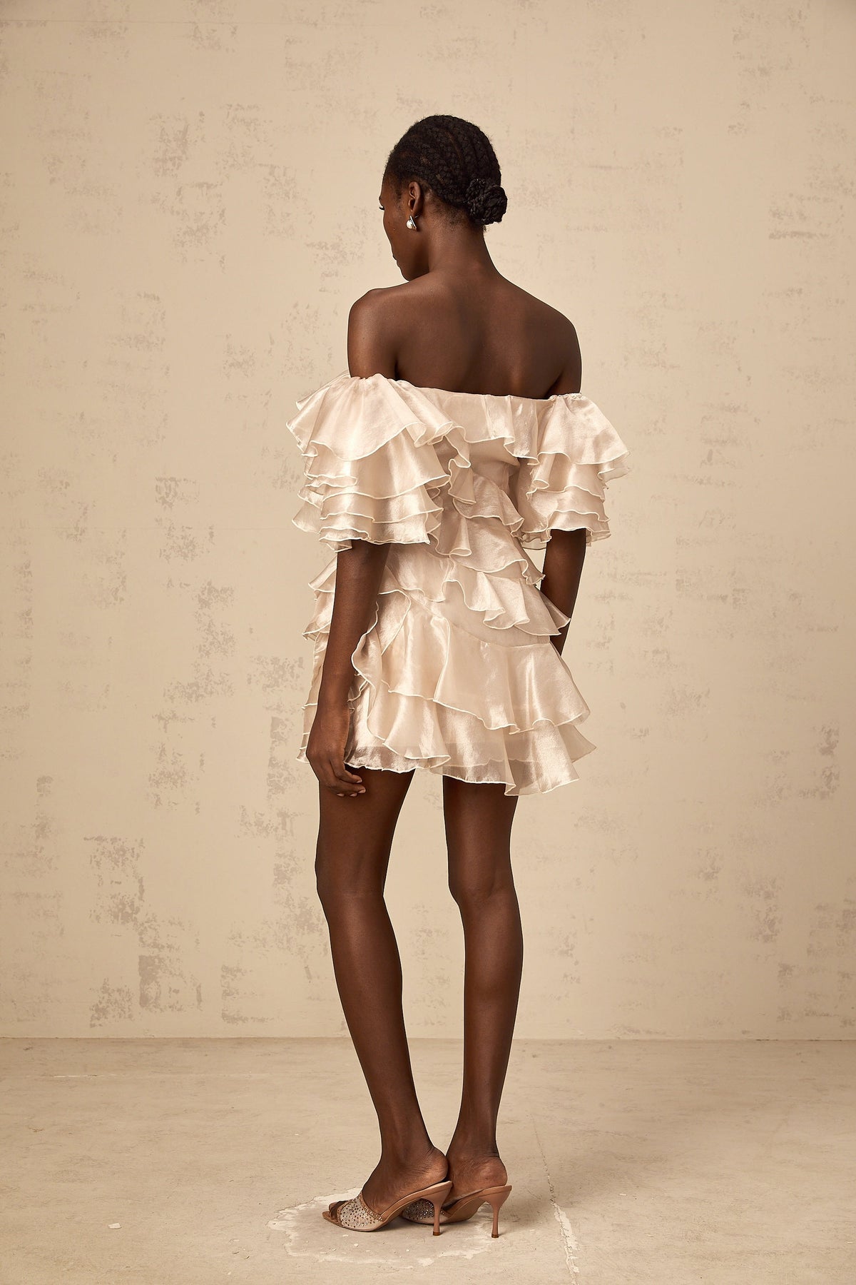 Cerise asymmetrical flounce mini dress in Neutrals