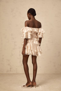 Cerise asymmetrical flounce mini dress in Neutrals