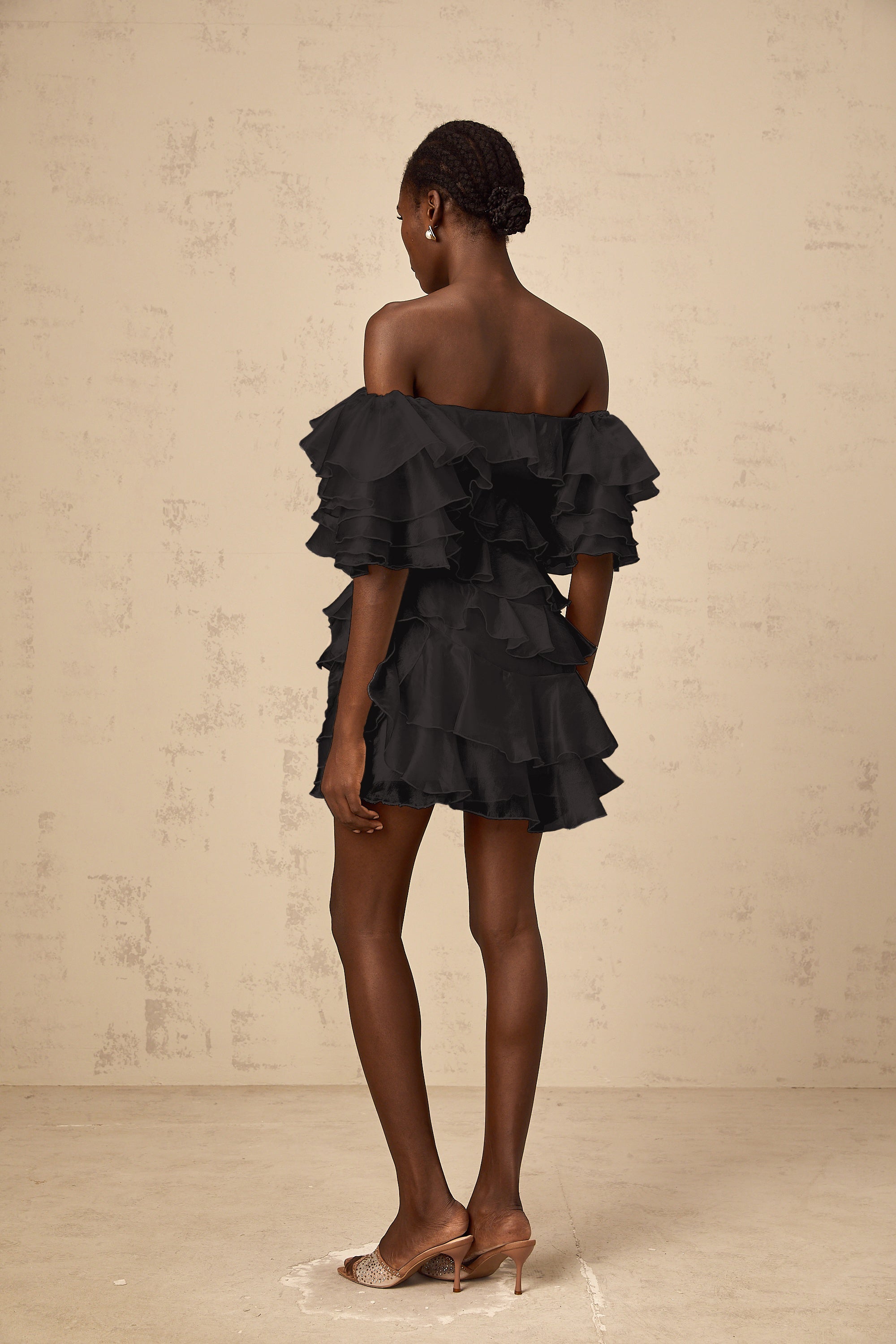 Cerise Asymmetrical Flounce Mini Dress in Black