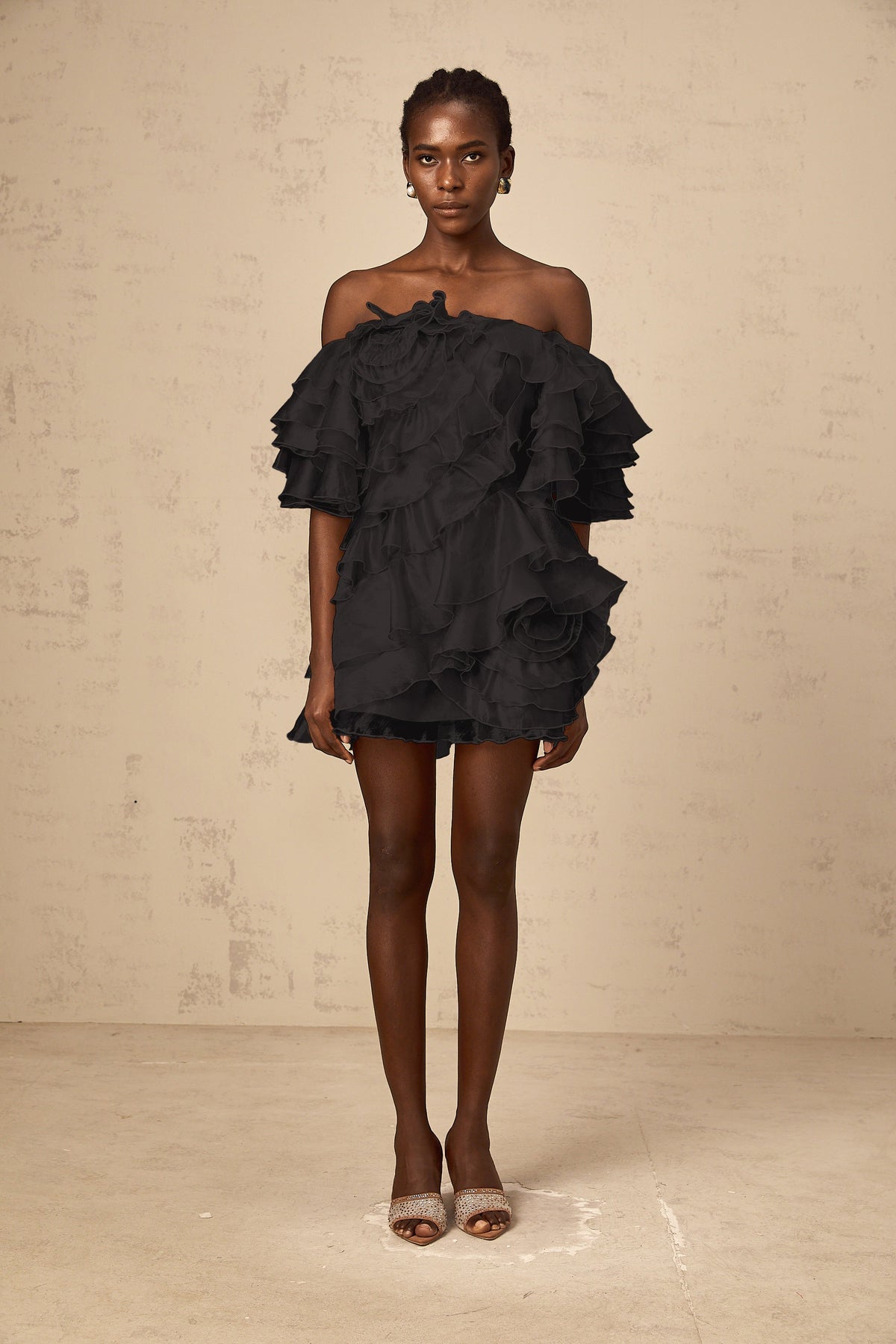 Cerise Asymmetrical Flounce Mini Dress in Black